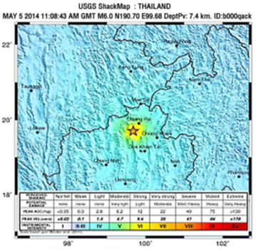 ภาพแสดงจุดเหนือศูนย์เกิดแผ่นดินไหว และความรุนแรงของแผ่นดินไหว ข้อมูลจาก USGS